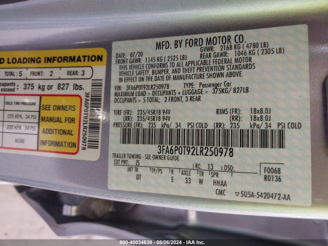 Ford FUSION SE 2020 3FA6P0T92LR250978 Image 9