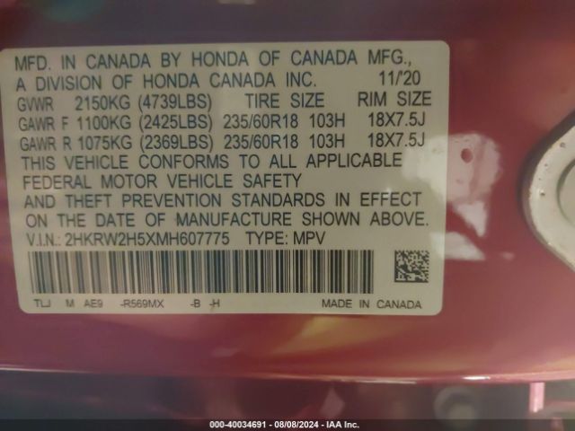2021 HONDA CR-V 2HKRW2H5XMH607775 Photo 8