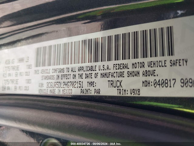 RAM 2500 Slt  4x4 6'4 Box 2017 3C6UR5DL2HG702151 Image 9