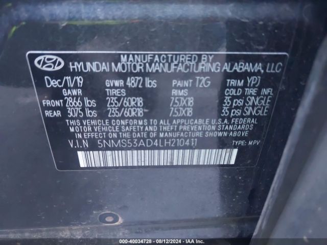 5NMS53AD4LH210411 Hyundai Santa Fe Limited