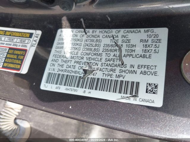 2HKRW2H8XLH694747 Honda Cr-v Awd Ex-l