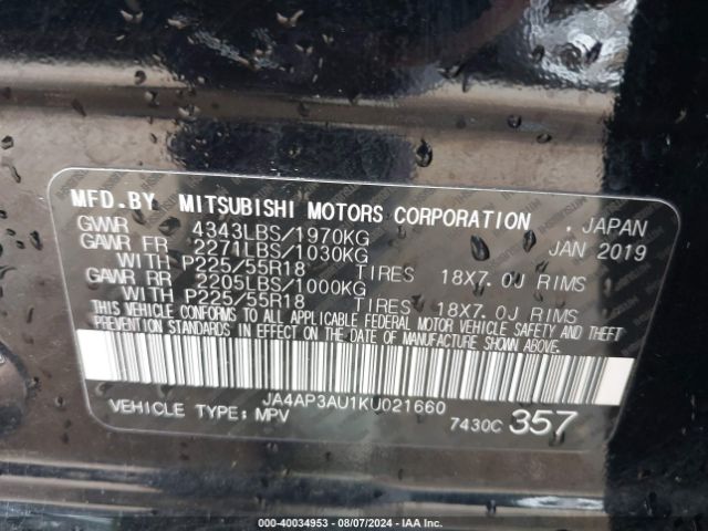 JA4AP3AU1KU021660 Mitsubishi Outlander Sport 2.0 Le
