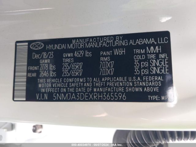 5NMJA3DEXRH365596 Hyundai TUCSON SE