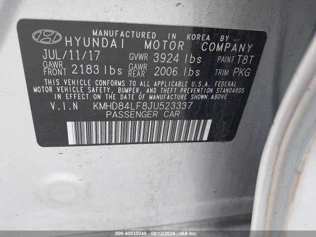 KMHD84LF8JU523337 Hyundai ELANTRA SEL