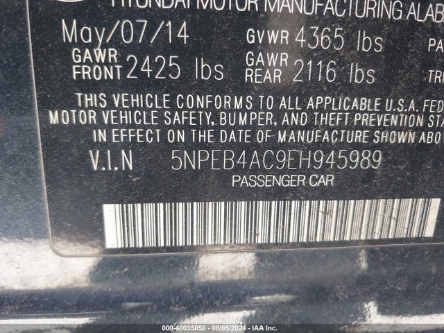 Hyundai SONATA GLS 2014 5NPEB4AC9EH945989 Image 9