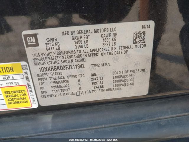 1GNKRGKD3FJ211842 Chevrolet Traverse 1lt