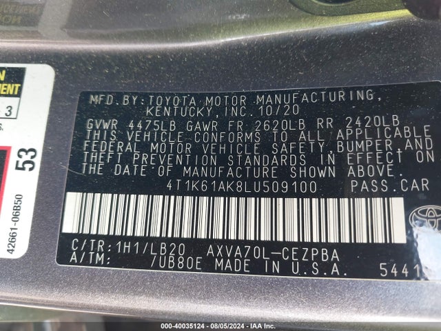 Toyota CAMRY XSE 2020 4T1K61AK8LU509100 Image 9
