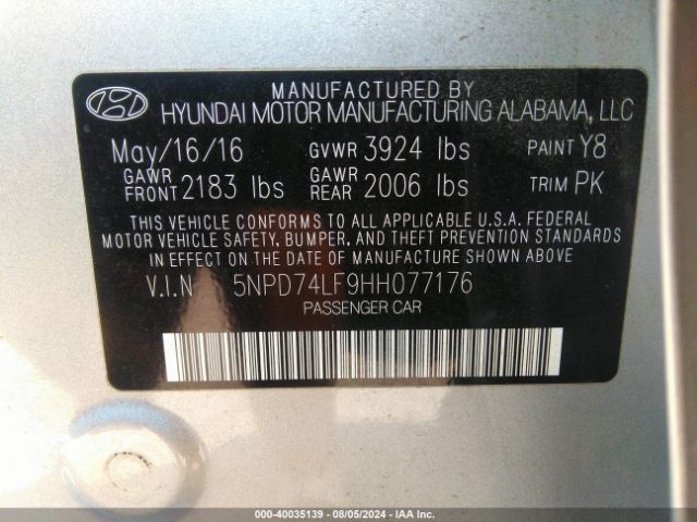 5NPD74LF9HH077176 Hyundai ELANTRA SE
