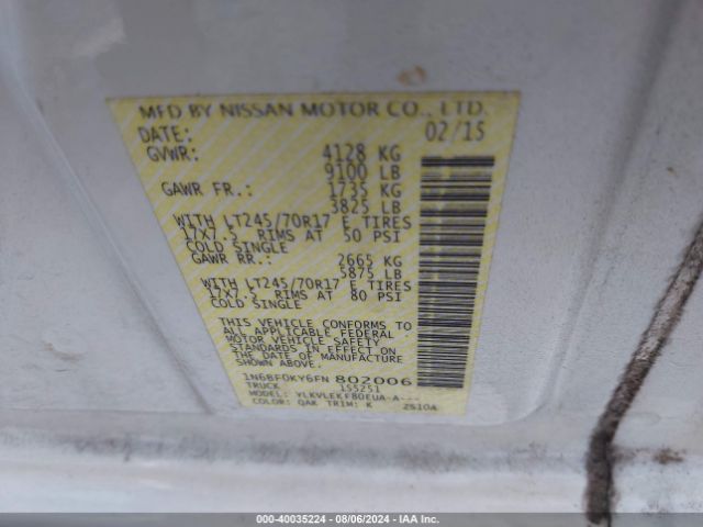 1N6BF0KY6FN802006 Nissan Nv Cargo Nv2500 Hd Sv V6