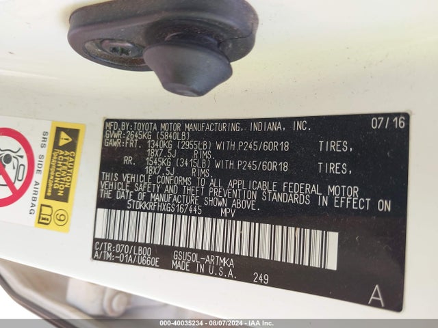 Toyota Highlander Xle V6 2016 5TDKKRFHXGS167445 Image 9