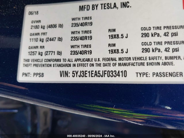 Tesla Model 3 Long Range/mid Range 2018 5YJ3E1EA5JF033410 Image 9