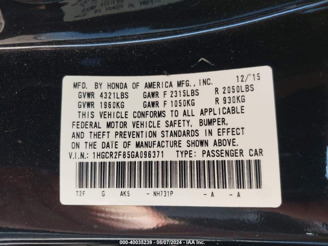 Honda Accord Ex-l 2016 1HGCR2F85GA096371 Image 9