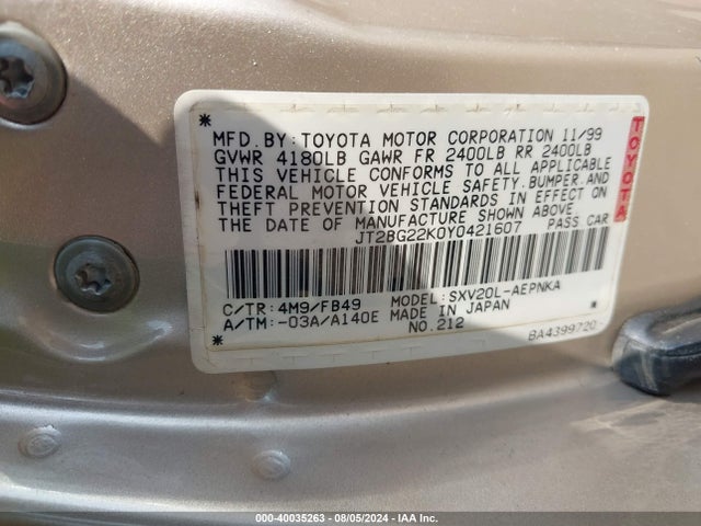 40035263 :رقم المزاد ، JT2BG22K0Y0421607 vin ، 2000 Toyota Camry Le مزاد بيع