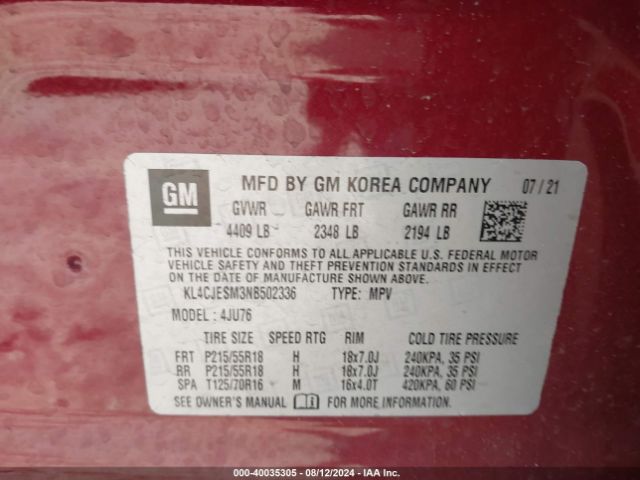 KL4CJESM3NB502336 Buick Encore Awd Preferred