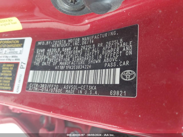 Toyota CAMRY SE 2014 4T1BF1FK2EU834224 Image 9