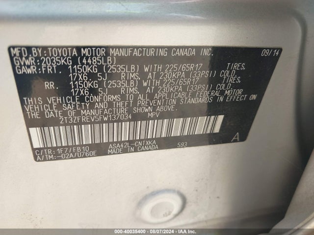 Toyota RAV4 LE 2015 2T3ZFREV5FW137034 Image 9