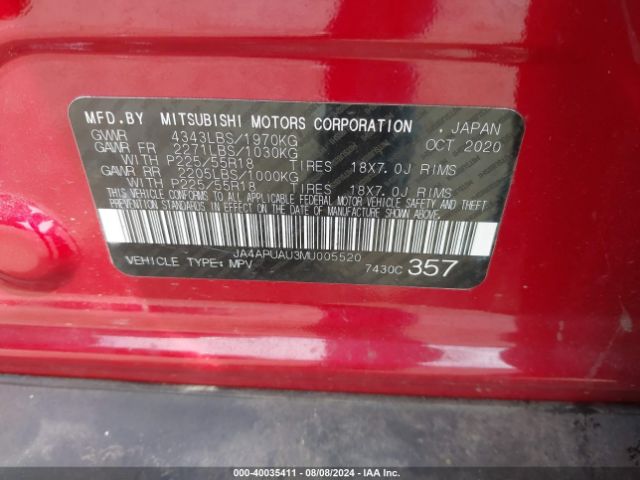 JA4APUAU3MU005520 Mitsubishi Outlander Sport 2.0 Be 2wd/2.0 Es 2wd/2.0 Le 2wd/2.0 S 2wd