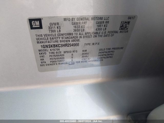 1GNSKBKC3HR294966 Chevrolet Tahoe Lt