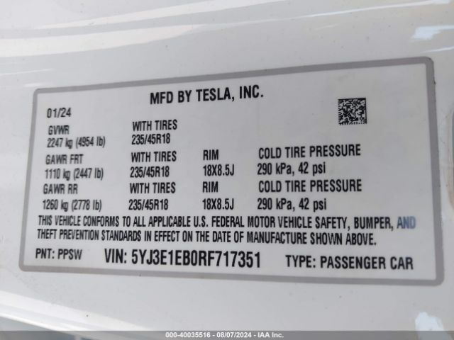 5YJ3E1EB0RF717351 Tesla Model 3 Long Range Dual Motor All-wheel Drive