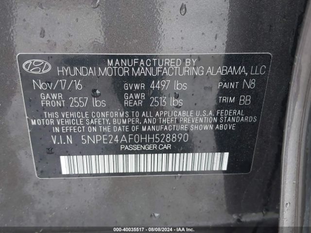 5NPE24AF0HH528890 Hyundai Sonata