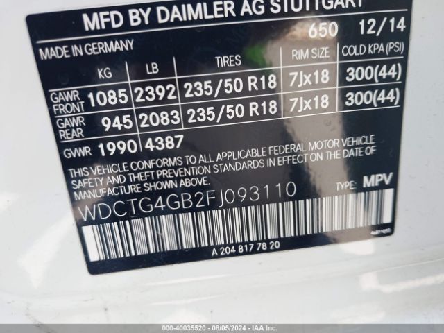 WDCTG4GB2FJ093110 Mercedes-Benz Gla 250 4matic