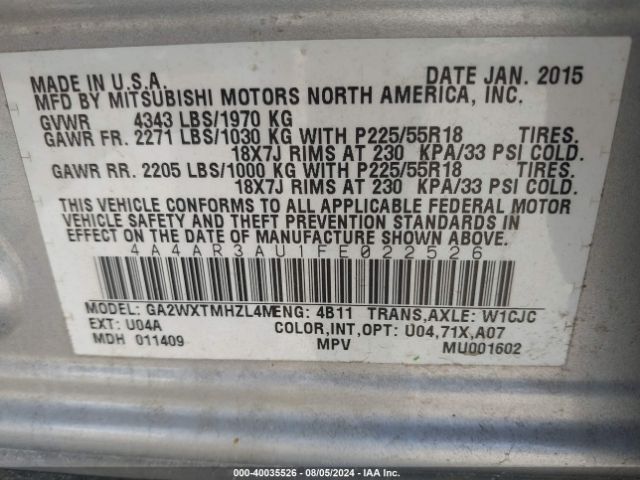 4A4AR3AU1FE022526 Mitsubishi Outlander Sport Es