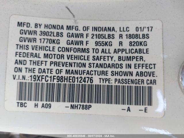 19XFC1F98HE012476 Honda Civic Touring