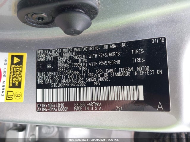Toyota Highlander Xle V6 2016 5TDJKRFH7GS252982 Image 9