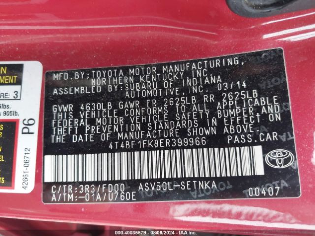 4T4BF1FK9ER399966 Toyota CAMRY LE