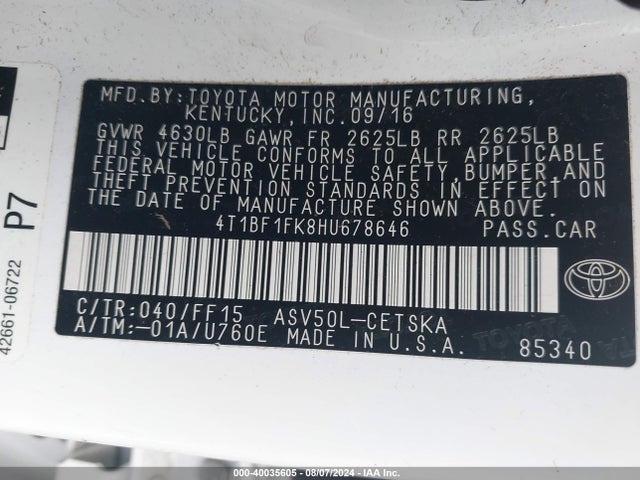 Toyota CAMRY SE 2017 4T1BF1FK8HU678646 Image 9