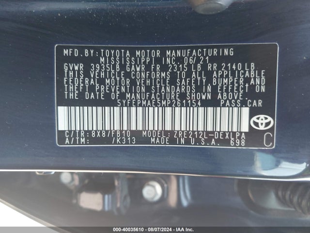 Toyota COROLLA LE 2021 5YFEPMAE5MP261154 Image 9
