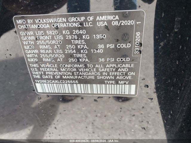1V26E2CAXLC225555 Volkswagen Atlas Cross Sport 3.6l V6 Se W/technology/3.6l V6 Se W/technology R-line