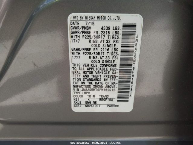 JN8AS5MT9FW162915 Nissan Rogue Select S