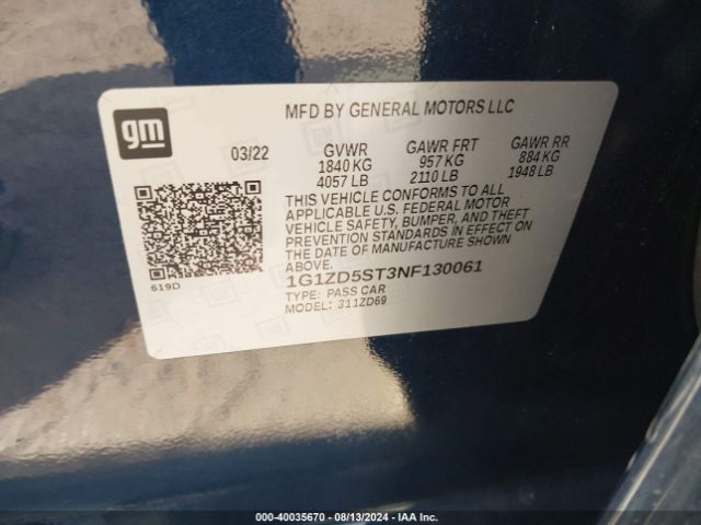 1G1ZD5ST3NF130061 Chevrolet Malibu Fwd Lt