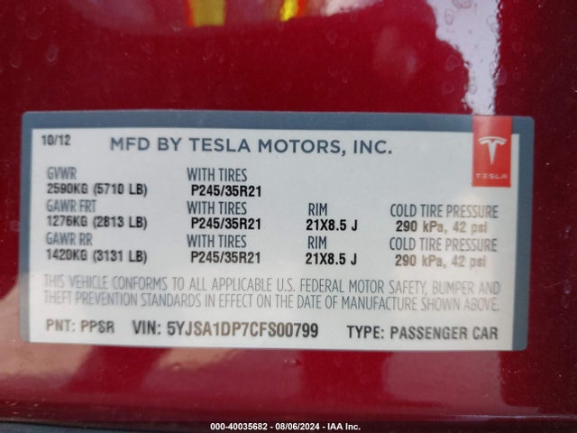 2012 TESLA MODEL S 5YJSA1DP7CFS00799 Photo 8