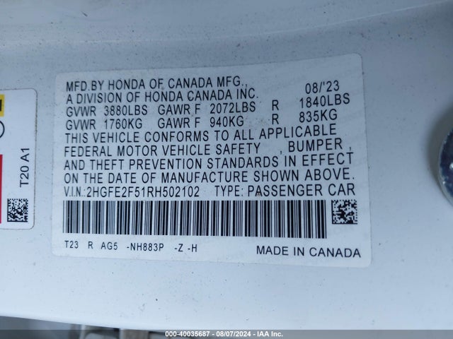 Honda Civic Sport 2024 2HGFE2F51RH502102 Image 9