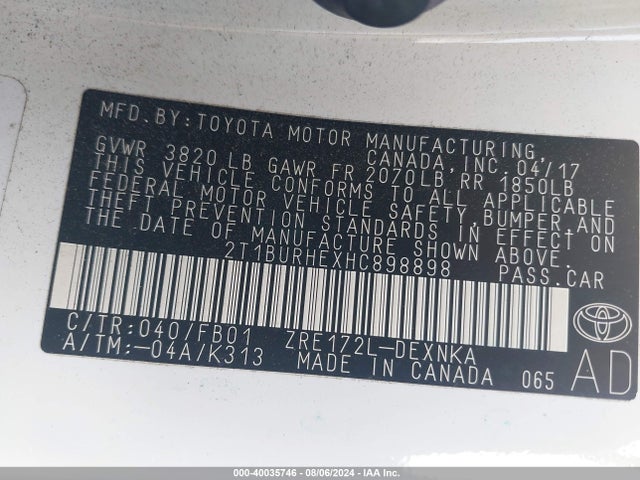 Toyota COROLLA LE 2017 2T1BURHEXHC898898 Image 9