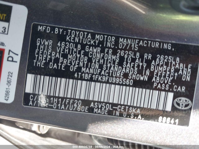Toyota CAMRY SE 2015 4T1BF1FK9FU995560 Image 9
