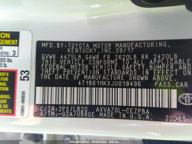 4T1B61HKXJU018496 Toyota CAMRY XSE