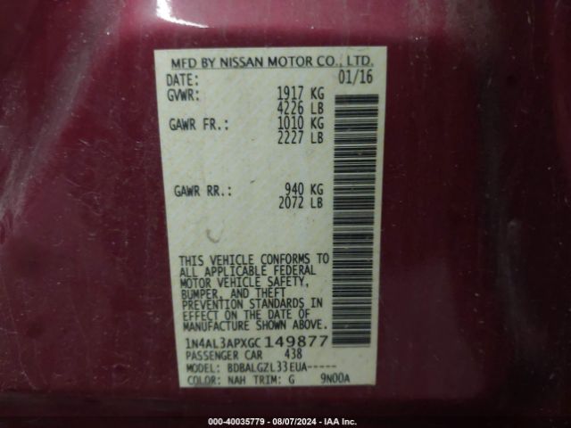 1N4AL3APXGC149877 Nissan Altima 2.5/2.5 S/2.5 Sl/2.5 Sr/2.5 Sv