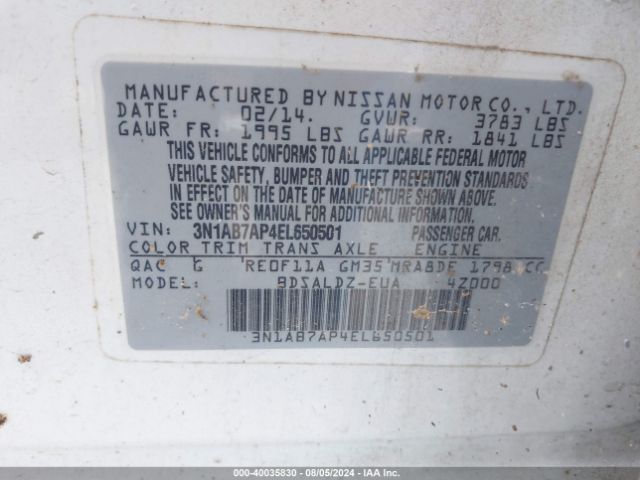3N1AB7AP4EL650501 Nissan Sentra Fe+ S/fe+ Sv/s/sl/sr/sv