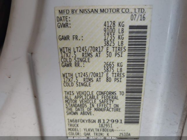 1N6BF0KY8GN812991 Nissan Nv Cargo Nv2500 Hd Sv V6