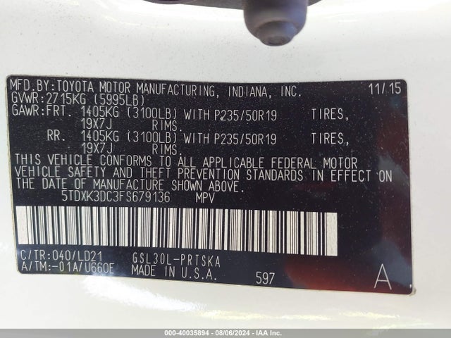 5TDXK3DC3FS679136 Toyota Sienna Se Premium 8 Passenger