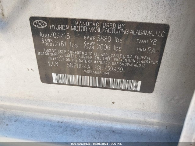 Hyundai ELANTRA SE 2016 5NPDH4AE7GH739939 Image 9