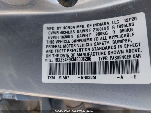 19XZE4F9XME008206 Honda Insight Touring