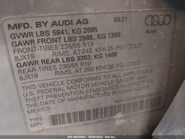 WA1G2AFY0N2002316 Audi Q5 Premium 55 Tfsi E S Line Quattro S Tronic