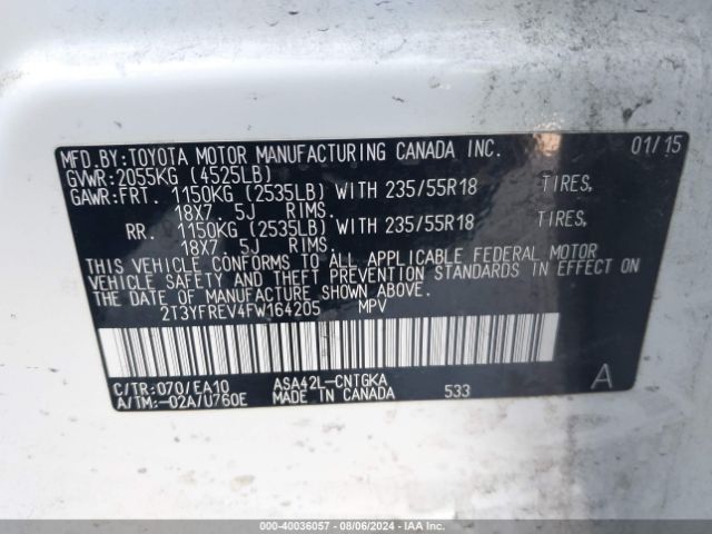 2T3YFREV4FW164205 Toyota Rav4 Limited