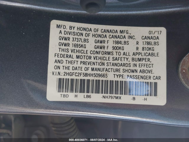 Honda Civic Lx 2017 2HGFC2F58HH509665 Image 9
