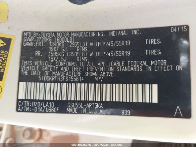5TDDKRFH3FS155614 Toyota Highlander Limited V6