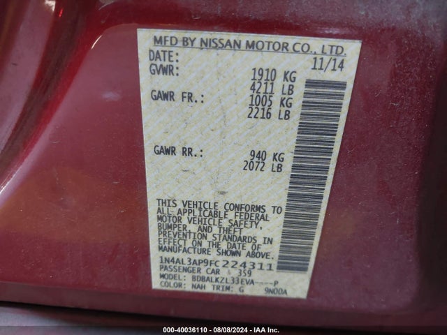 Nissan Altima 2.5 Sv 2015 1N4AL3AP9FC224311 Image 9